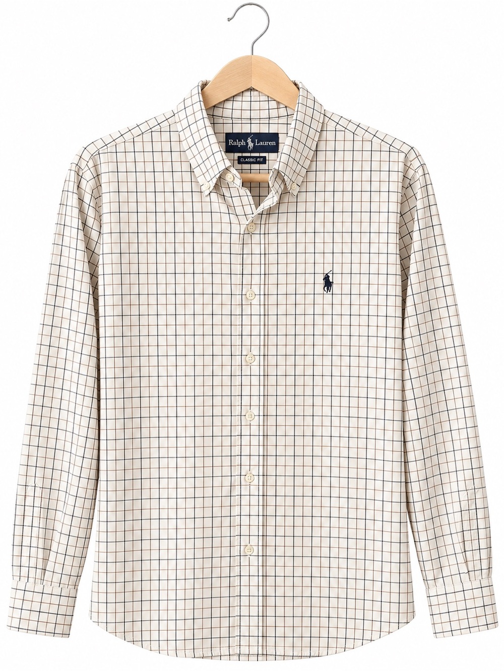 Ralph Lauren Beige and Navy Windowpane Button-Down Shirt-XL